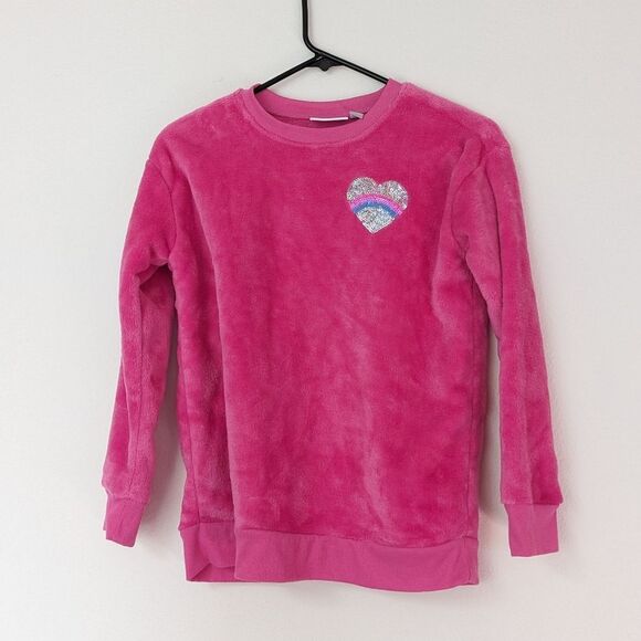 The Childrens Place Fuchsia Sequin Heart Furry Sherpa Sweatshirt Top Large 10/12 - Picture 1 of 10